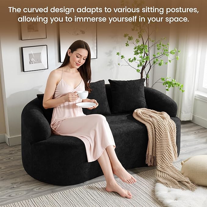 65" Boneless Loveseat Sofa Couch, Modern Comfy Curved Cloud Sofa, Chenille Deep Seat Love Seat Couches for Living Room, No Assembly, Black