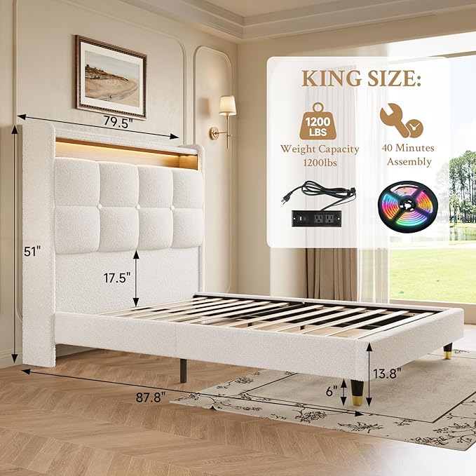 koorlian King Size Bed Frame, 51" Tall Wingback Tufted Headboard, Teddy Fleece Upholstered Bed Frame, LED Lights & USB/Type-C Port and Double Storage Shelf, No Box Spring Needed, Easy Assembly, White