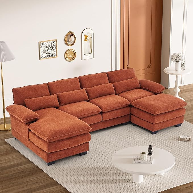113" Cloud Couch Sectional Modular Sofa U Shaped Sectional Couches for Living Room Comfy 5-Seater Deep Seat Couch Chenille Cloud Sectional Sofa with Movable Ottoman & 4 Pillows, Orange