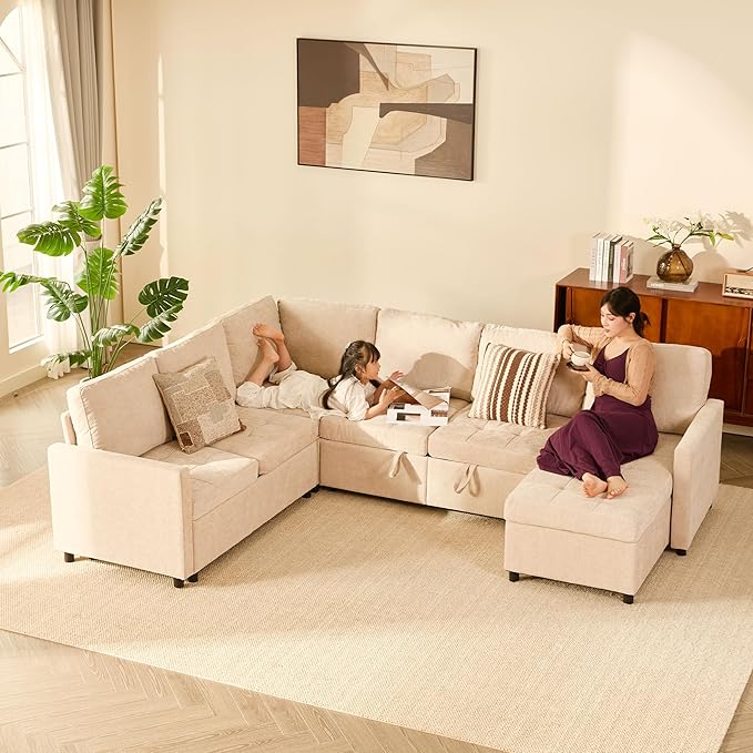 107" Sleeper Sofa, Set of Modular Pieces with Pull Out Bed, U Shaped Sectional Couch with Storage, Extra Wide&Deep Seat Couches for Living Room, Removable Sofa Cover, Chenille-Flat White