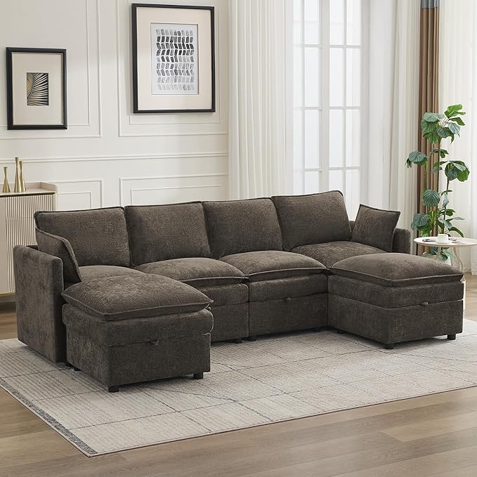 105" Cloud Modular 4 Seater Sofa with 2 Storage Ottoman, Modern Upholstered Sofa Storage Sofa Couch Deep Seat, U Shape Sectional Sofa Chenille Comfy Couch with Armrests for Living Room, Brown | Modular Sofa, 2 Storage Ottoman, Upholstered Sofa, Section...