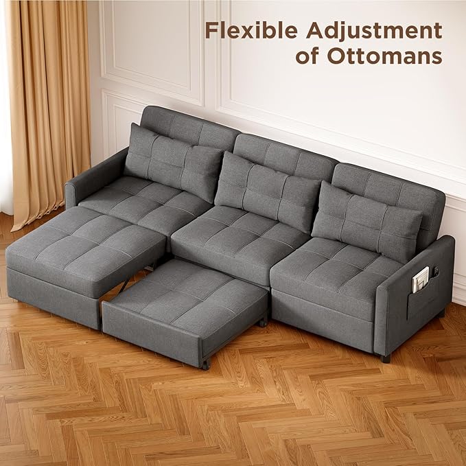 Aiho Sectional Sleeper Sofa, 84 Inch Pull Out Couch with Adjustment Backrest & Ottoman, Convertible Sectional Couch Bed for Living Room, Guest Room, Dark Grey
