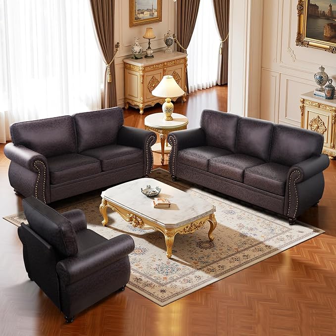 Living Room Furniture Sets,Sofa Sets and Couch Sets for Living Room,Mid-Century Vintage Sofa Couches with Rivet Design (Brown, Single+Loveseat+3 Seater)