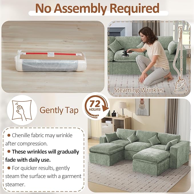 115'' Cloud Boneless Sectional Couch, Modular Sectional Sofa Deep Seat with 2 Ottomans, Oversized Upholstered Convertible Comfy 5 Seater Chenille Sofa U Shape Couches for Living Room, Green