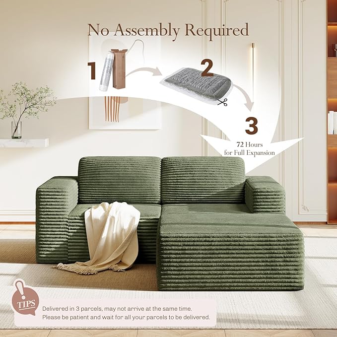 Vesgantti 80" Modular Sectional Sofa, Corduroy Cloud Couch with Deep Seats & Spring Support, Compact 2 Seater Boneless Couch, L-Shaped Modular Sofa for Small Spaces, Apartments, No Assembly, Green