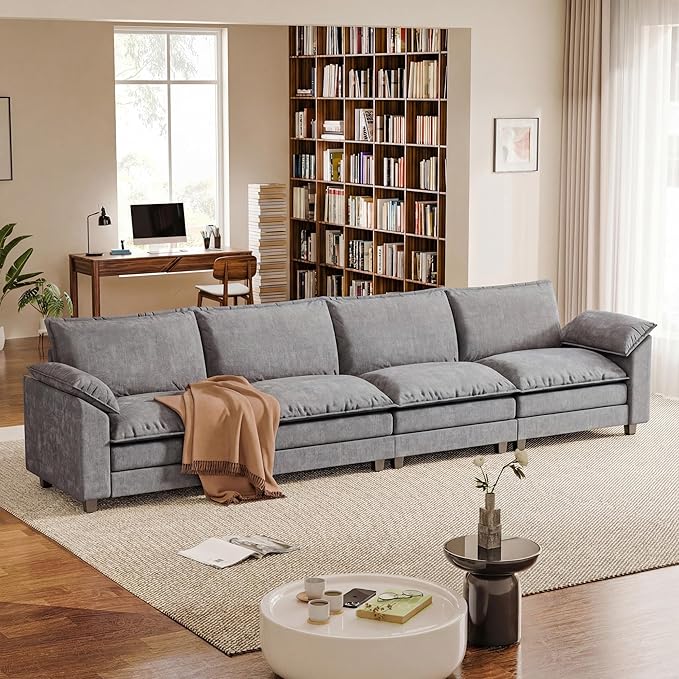 158.6'' Sectional Cloud Couch with 4 Seats & Wide Armrests, Oversized Linear Sofa with Double Layer Cushions, Comfy Chenille Couches for Living Room and Apartment (Light Grey, Linear Sofa)