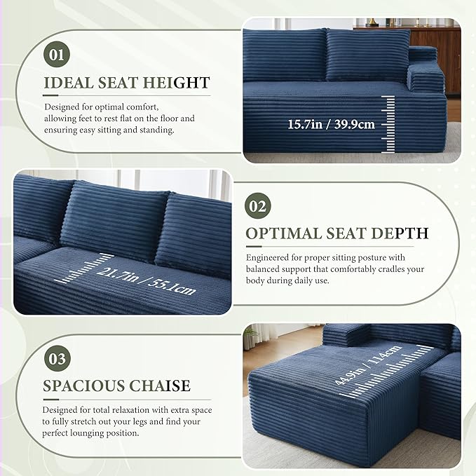 96" Sectional Couches for Living Room Cloud Couch Sofa with L-Shape Upholstered Boneless Couchs Modern Modular Sectional Couch with Chaise (Bule, 96" W+Left Facing Chaise+2Seaters)