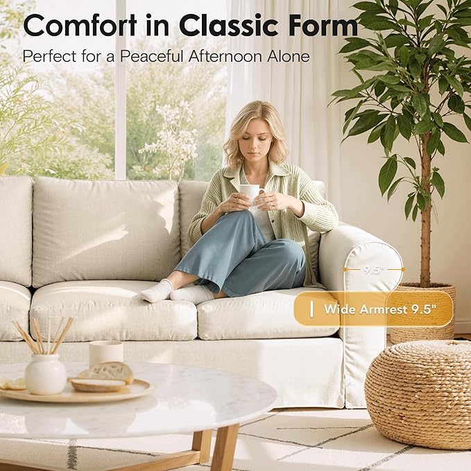 89" 3 Seater Sofa for Living Room, Deep Seated Comfy Couch with Removable Linen Slipcover, Modern Farmhouse Rolled-Arm Sofa, High Back Support, Cream White