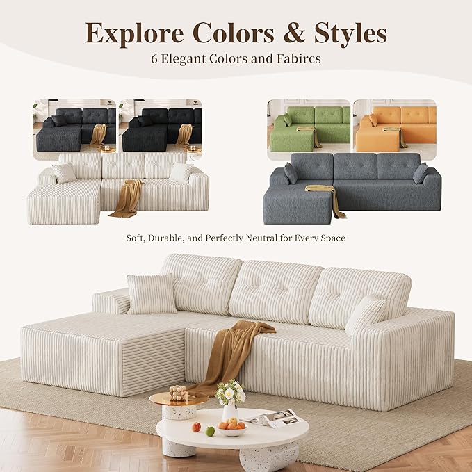 Ball & Cast 106" Boneless Sectional Sofa, Corduroy Modular L Shaped Couch with Deep Seat Chaise, Cloud Style Oversized Sectional Couch for Living Room, No Assembly, Left Facing, Beige