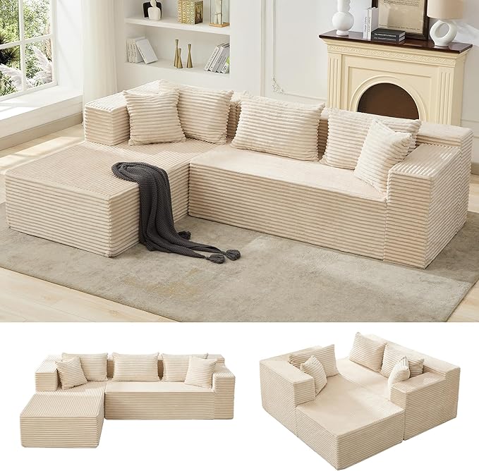 Modular Sectional Sofa Cloud Sectional Couch, 106" Comfy Fluffy L Shaped Couches for Living Room,Oversized Sofa Sleeper with Deep Seat, No Assembly Required