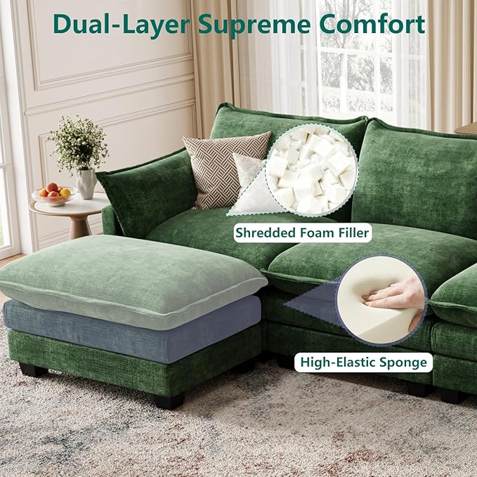 Modular Sectional U Shaped Sofa Couches for Living Room, Cloud Couch with Movable Ottoman, Comfy Chenille Sofa with Pillow for Bedroom and Apartment,Green