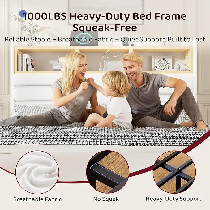 BRELTAM Queen Size Bed Frame with 6 Storage Drawers, Linen Upholstered Platform Bed with Charging Station,2-Tier Wave-Shaped Headboard Design,No Box Spring Needed,Easy Assembly,White