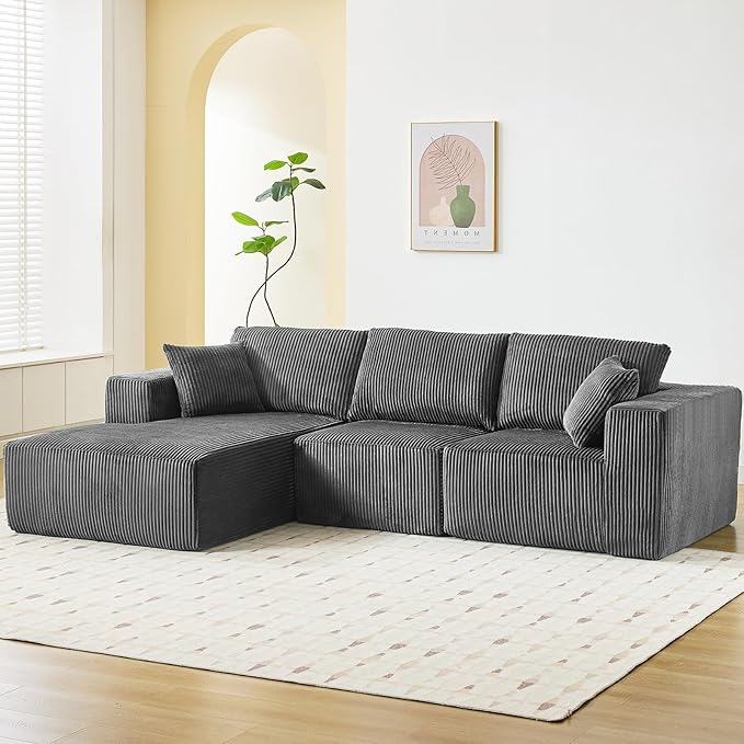 Sectional Cloud Boneless Couch 108" Modern Comfy L-Shape No Assembly Required Convertible Compression Sleeper Modular Sofa with Corduroy Fabric Deep Seat Loveseat + Chaise for Living Room