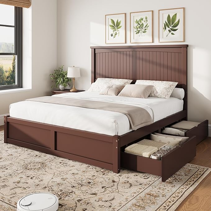 AMERLIFE Solid Wood King Size Storage Bed Frame with Headboard, Platform Bedframe with 2 Storage Drawers, Beadboard Design & Wooden Slats/No Box Spring Needed/Noise-Free, Espresso Brown Finish