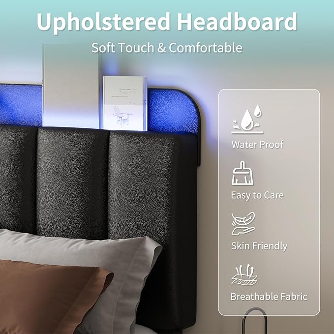 BarnFurin Queen Bed Frame with LED Lights, Upholstered Bed Frame Queen Size with Storage Headboard, Modern Platform Design Noise-Free, No Box Spring Needed, Easy Assembly, Black