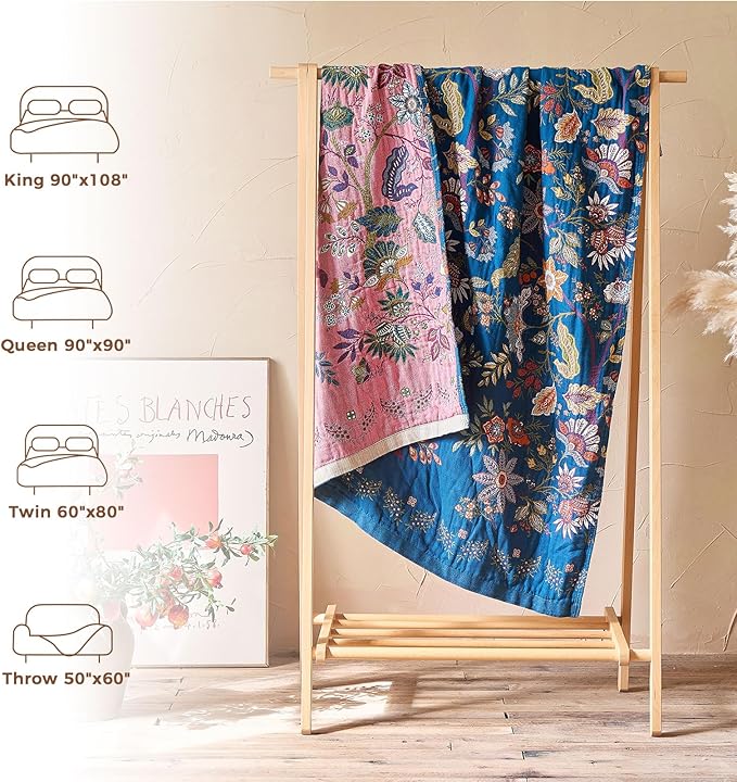 LUTBM Boho Throw Blanket for Couch Sofa Chair Cotton Spring Blankets for Bedroom Living Room All Season Lightweight Reversible Floral Embroidery Throws 50"x60"
