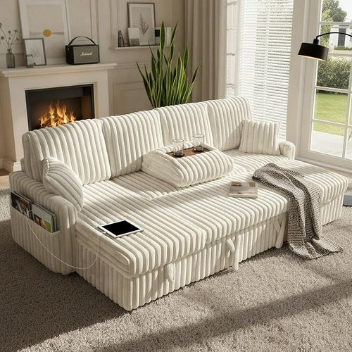 104" U Shaped Sleeper Sofa Bed, Sectional Couches for Living Room, Plush Corduroy Pull Out Couch Bed with Storage, Modular Sectional Couch with Charging Station, Cup Holder, Side Pocket, Beige