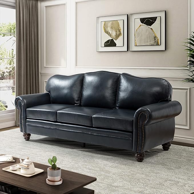 HULALA Home 81'' Genuine Leather Sofa with Removable Cushion, Mid-Century Modern Living Room 3-Seater Couch, Full Grain Leather Couch with Nailhead Trim and Rolled Arm for Bedroom Apartment, Navy