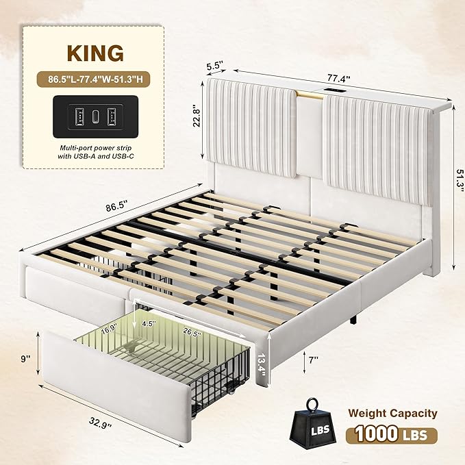 Homkdom King Size Bed Frame with Velvet Storage Headboard, 2 Large Drawers & 3 Charging Ports, 51.3" Tall King Bed Frame, Sturdy Wood Slats, No Box Spring Needed, Beige