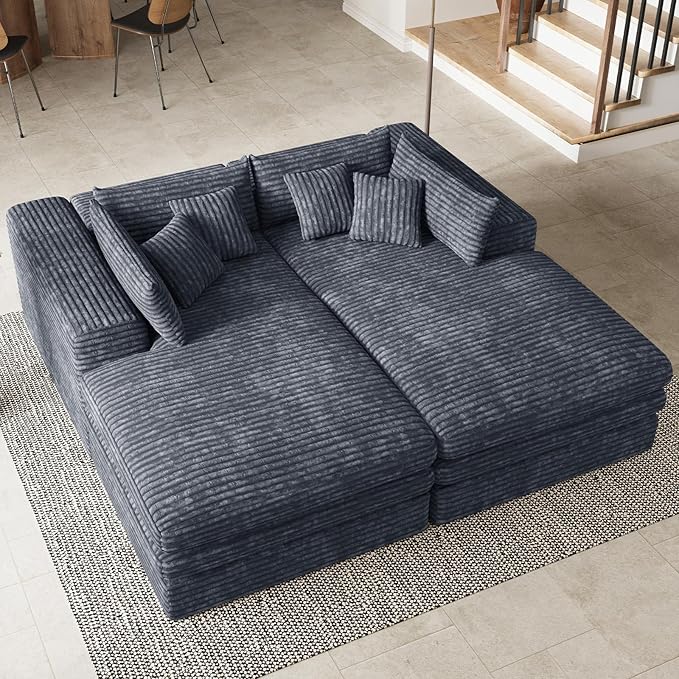 Belffin Double Chaise Lounge Sofa Bed Plush Corduroy Boneless Sectional Cloud Couches for Living Room Boneless Cloud Couch with Deep Seat No Assembly Required. Grey Sofa
