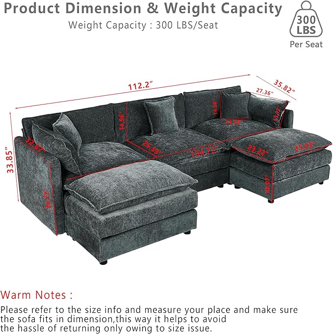 Setawix Deep 3 Seater Couch with Ottomans,112.2" U-Shaped Cloud Couches for Living Room,Chenille Cloud Sofa Couch with Deep Seat,Modular Sectional U Shape 3 Seat Sofa for Bedroom (Grey, 3+2)