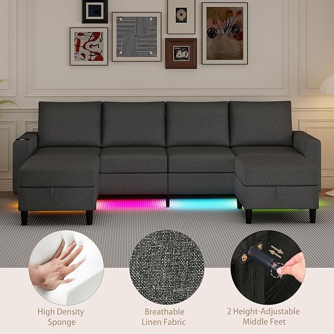 Sectional Couches for Living Room, 109" U Shaped Cloud Couch with Chaise Lounge/Storage Ottoman, 4 Seat Linen Sectional Sofa with Smart Module-Wireless Charging/USB/Type-C/RGB Lights (Dark Grey)