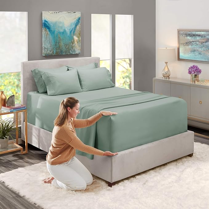 Hearth & Harbor Bed Sheets, Luxury Soft 6 Piece Bed Sheet Set Extra Deep Pocket Fitted Sheets Fits Mattress up to 21", Double Brushed Bedding Sheets & Pillowcases, King, Ice Green