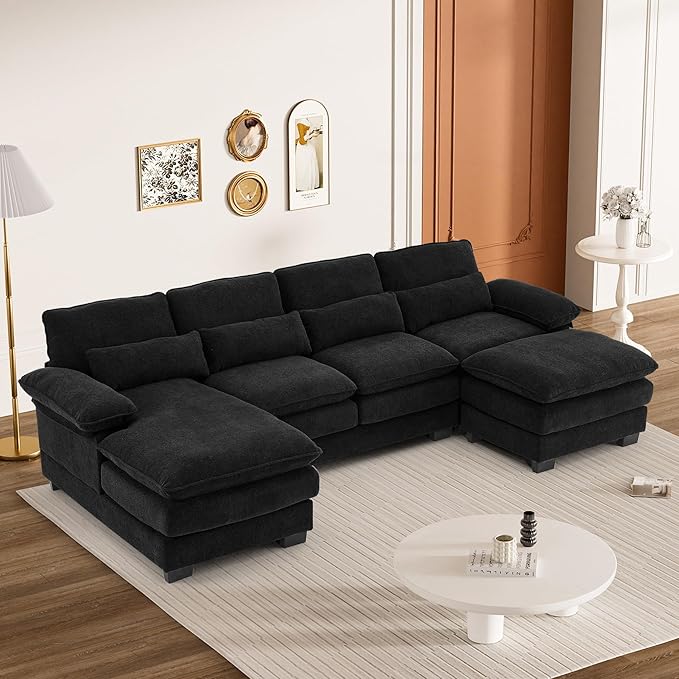 113" Cloud Couch Sectional Modular Sofa U Shaped Sectional Couches for Living Room Comfy 5-Seater Deep Seat Couch Chenille Cloud Sectional Sofa with Movable Ottoman & 4 Pillows, Black