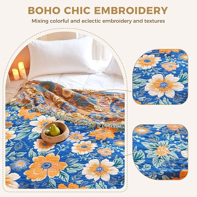 LUTBM Boho Throw Blanket for Couch Sofa Chair Cotton Spring Blankets for Bedroom Living Room All Season Lightweight Reversible Floral Embroidery Throws 50"x60"