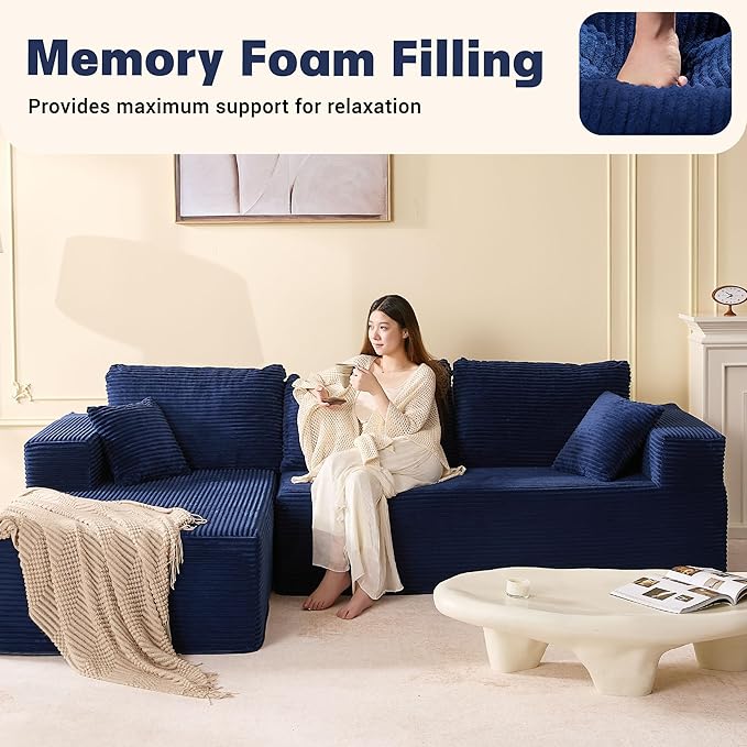 107" Boneless Couch with Deep Seat, Set of Modular Sectional Sofa, Cloud Sectional Couch for Living Room, No Assembly Required, Corduroy, L-Shape Left, Blue