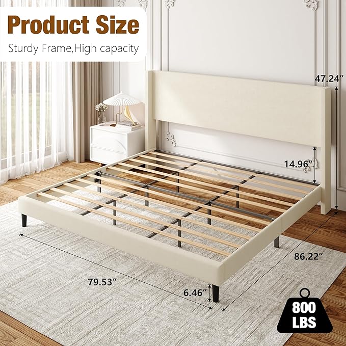 Sismplly King Bed Frame with Wingback Headboard, Velvet Upholstered Platform Bed with Wooden Slats, 6.46“ Under Bed Storage, Metal Support, Noise Free, No Box Spring Needed, Beige