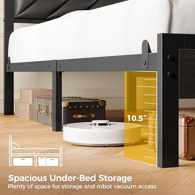 Seventable Queen Bed Frame with Charging Station & LED Lights, Upholstered Headboard with 2-Tier Storage Shelves, Metal Platform with Under Bed Storage, No Box Spring Needed, Easy Assembly, Black