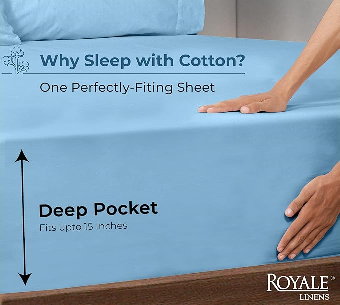 Royale Linens 100% Organic Cotton Fitted Sheet - Percale Weave - Super Soft Deep Pocket Bottom Sheets - Lake Blue Elastic Sheet Twin Size - Twin Fitted Sheets Only - (39"x75"+15", Lake Blue)