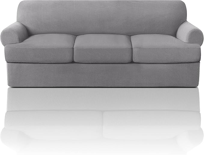 PrinceDeco T Cushion Sofa Slipcover 4 Pieces Sofa Covers for T Cushion Couch Soft Sofa Slip Covers Furniture Protector with 3 Individual T Shape Seat Covers (70"-88") Washable, Dove
