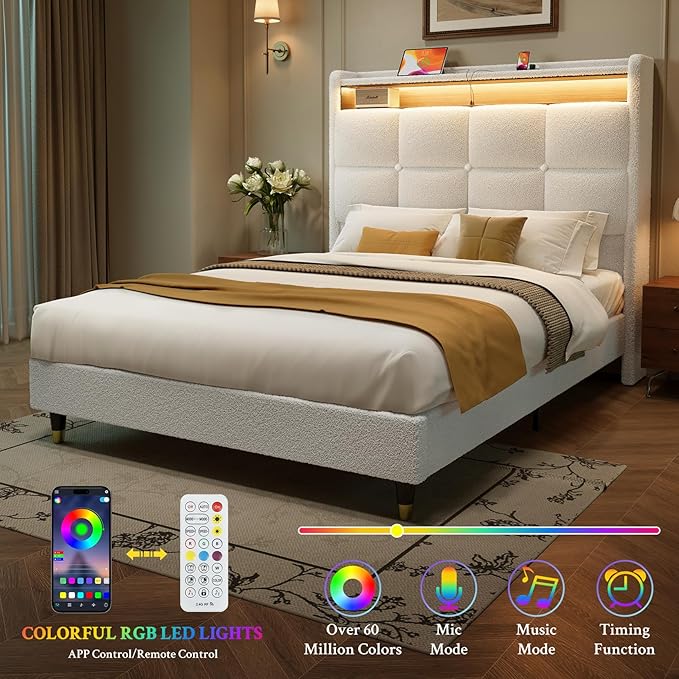 koorlian King Size Bed Frame, 51" Tall Wingback Tufted Headboard, Teddy Fleece Upholstered Bed Frame, LED Lights & USB/Type-C Port and Double Storage Shelf, No Box Spring Needed, Easy Assembly, White