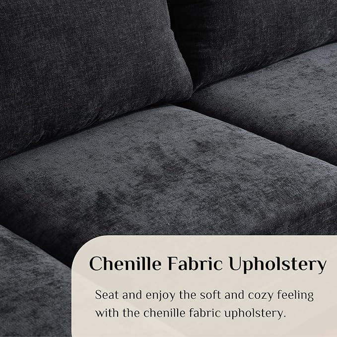 Karl home 111" Sectional Sofa U-Shaped 4-Seat Couch with Chaises Wood Grian Legs Chenille Fabric Upholstered for Living Room, Apartment, Office, Black