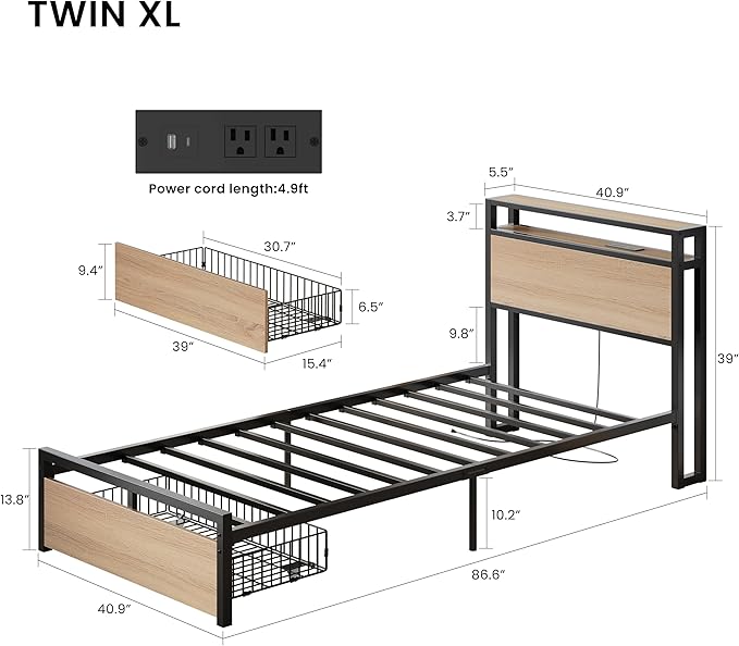 LIKIMIO Twin XL Bed Frames with Drawer, Storage Headboard with Outlets, No Box Spring Needed, Easy Assembly, Wood Color