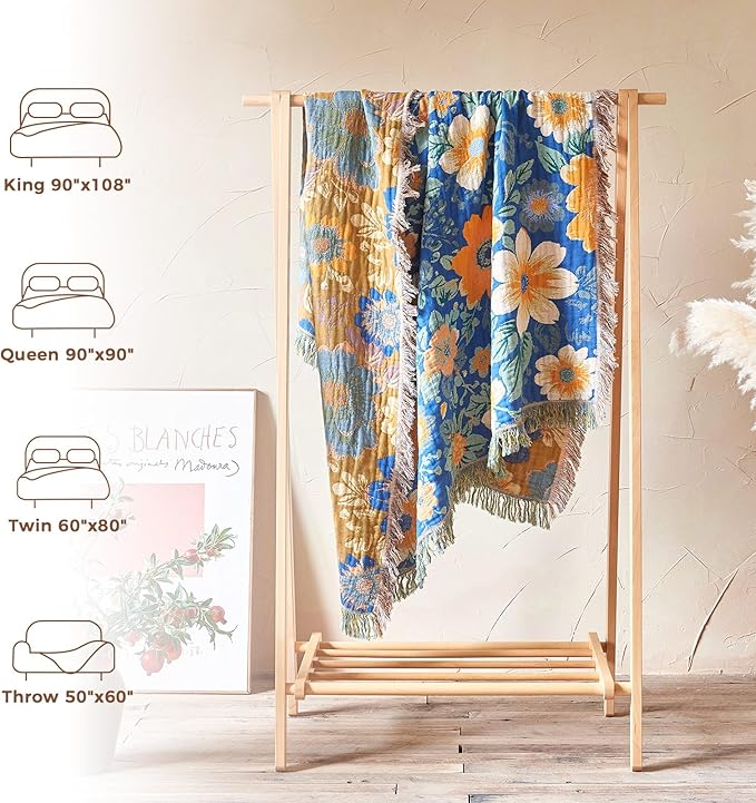 LUTBM Boho Throw Blanket for Couch Sofa Chair Cotton Spring Blankets for Bedroom Living Room All Season Lightweight Reversible Floral Embroidery Throws 50"x60"