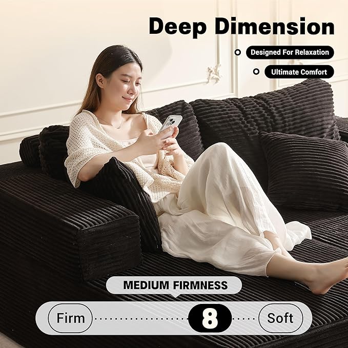 Chaise Lounge Chair, Boneless Couch for Living Room and Bedroom, Set of Sleeper Couches Reading Chairs, Corduroy, Black