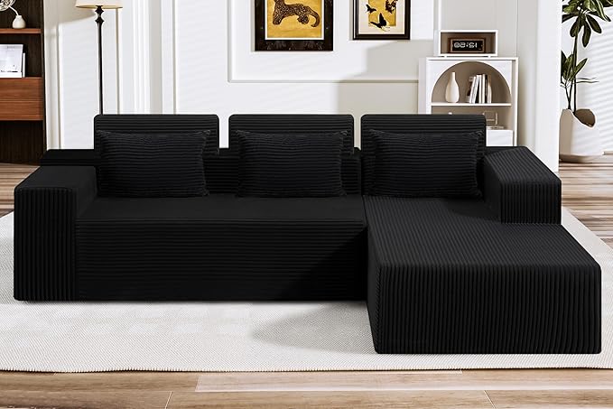 HABUTWAY Sectional Couches for Living Room,No Assembly L Shaped Couch 105" Modular Sectional Sofa Couch with Deep Seat,Cloud Couches Furniture Sets for Apartment,Corduroy (Black, Right Facing)