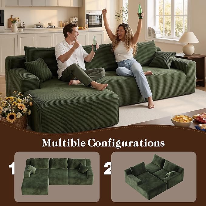97" Cloud Couch Sectional, L-Shaped Corduroy Fluffy Modular Sofa with Deep Seat, Boneless Comfy Couches for Living Room,Bedroom, Left Facing Chaise, No Assembly Required (Green)
