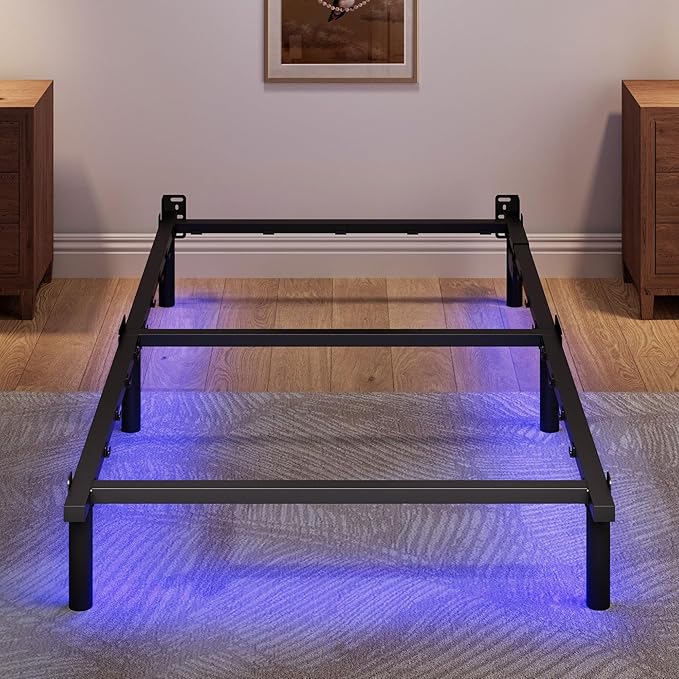 SHOANED Twin Size Bed Frame with LED, 7 Inch Metal Steel Bedframe for Box Spring and Mattress, Heavy Duty Basics Bed Base with Charging Station, Noise Free, Easy Assembly, Black