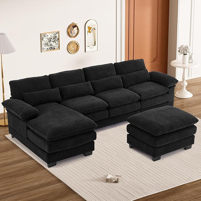 113" Cloud Couch Sectional Modular Sofa U Shaped Sectional Couches for Living Room Comfy 5-Seater Deep Seat Couch Chenille Cloud Sectional Sofa with Movable Ottoman & 4 Pillows, Black