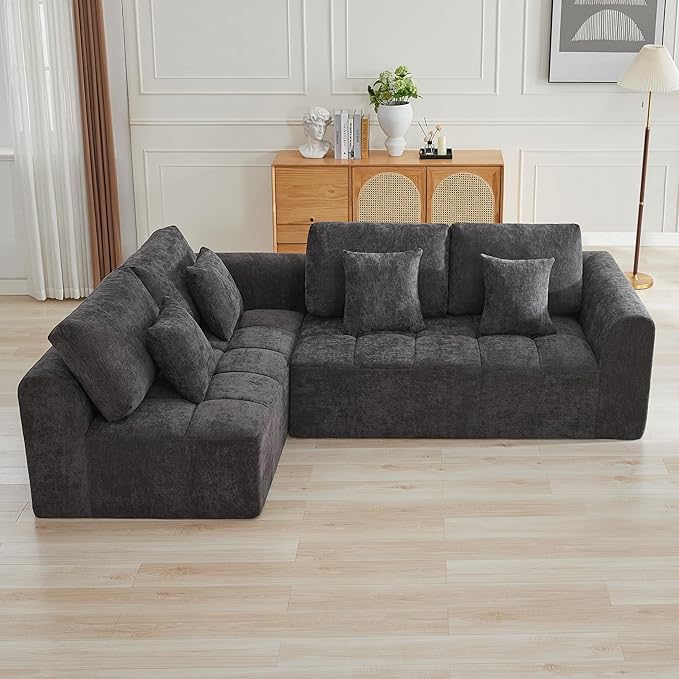 110''Modular Sectional Couches for Living Room, Cloud Boneless Compressed Sofa Left Facing Chaise, Oversized L Shaped 4 Seater Memory Foam Sofa, No Assembly, Chenille Grey