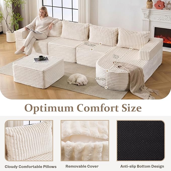 132” Boneless Couches for Living Room, L-Shaped Modular Sectional Sofa with Chaise & Ottoman, Modern Corduroy Cloud Couch with Deep Seat, Comfy Sponge Compression Convertible Sofas