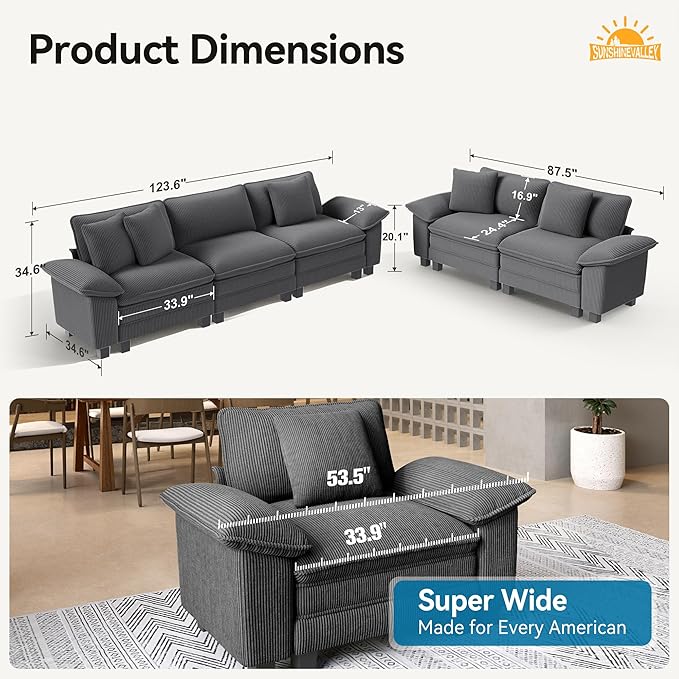 Sofa and Loveseat Set, Oversized Corduroy Modular Love seat and 3-Seat Couch with Pillows, 2 Piece Modern Cloud Sectional Deep Seat Sofa Furniture Set for Living Room, Grey