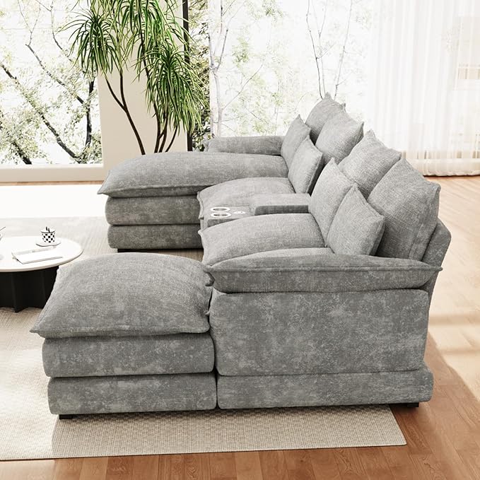 135" U Shaped Cloud Couch Sectional Modular Sectional Couches for Living Room Oversized Comfy Chenille Sofa Cloud Couch Set with Storage Central Console, USB Ports, Chaise Lounge, Ottoman, Grey