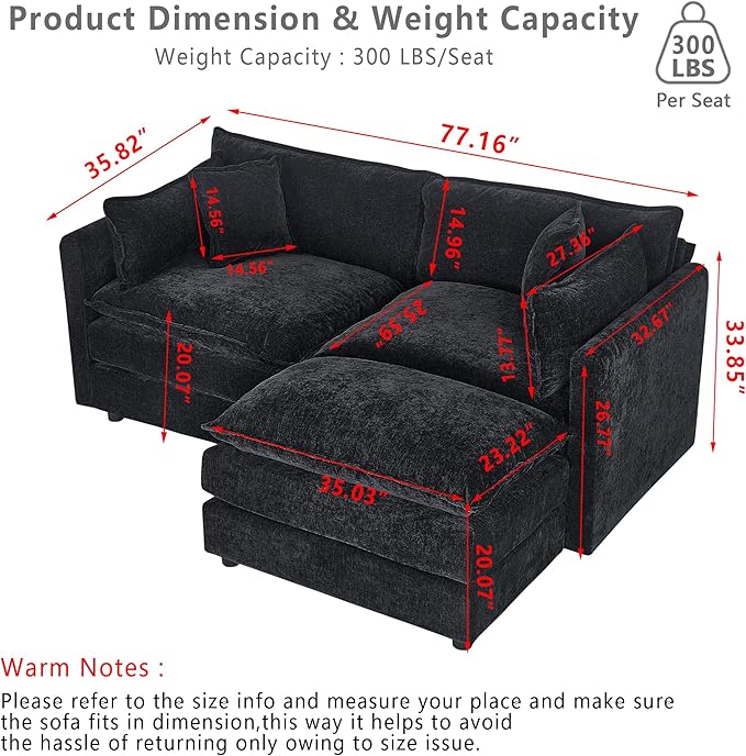 Setawix Deep Loveseat Couch with Ottoman,Large L-Shaped 2 Seater Cloud Couches for Living Room,77.16" Chenille Cloud Sofas with Deep Seat,Modular Sectional 2 Seat Sofa for Bedroom (Black, 2+1)
