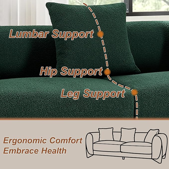 87" Sherpa Boucle Cloud Couch Modern 3 Seater Sofa with Solid Wood Legs, 25" Extra Deep Seat, Comfy Thick Cushion Upholstered Sofa Couches with 3 Pillows for Living Room, Green