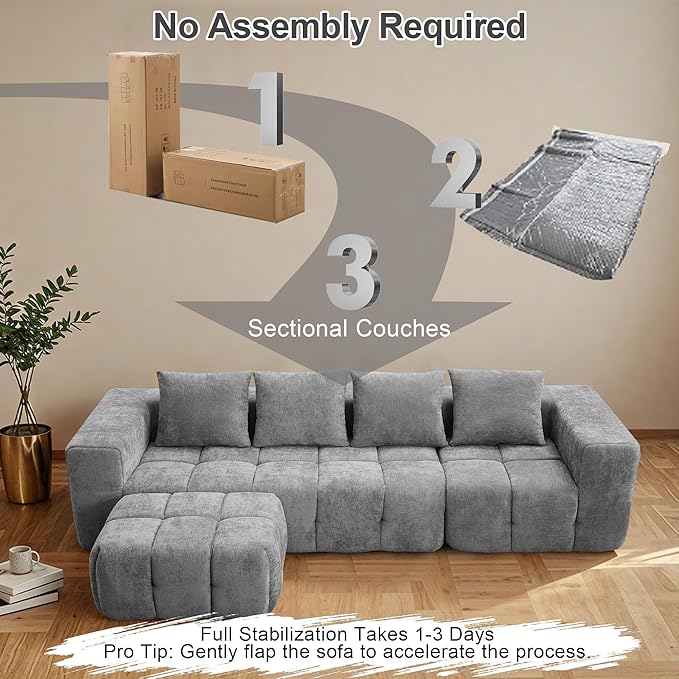 119" Boneless Couch, Cloud Sectional Couch with Deep Seat, High-Density Memory Foam and Chaise, Sectional L Shaped Sofa, Boneless Couches for Living Room, No Assembly Required Tufted Sofa, Light Grey